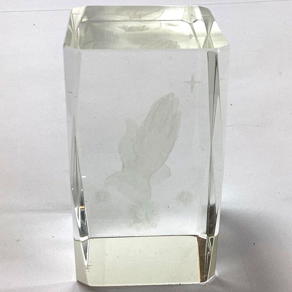 Laser Carved 3D Holographic Praying Hands Paperweight Clear Glass